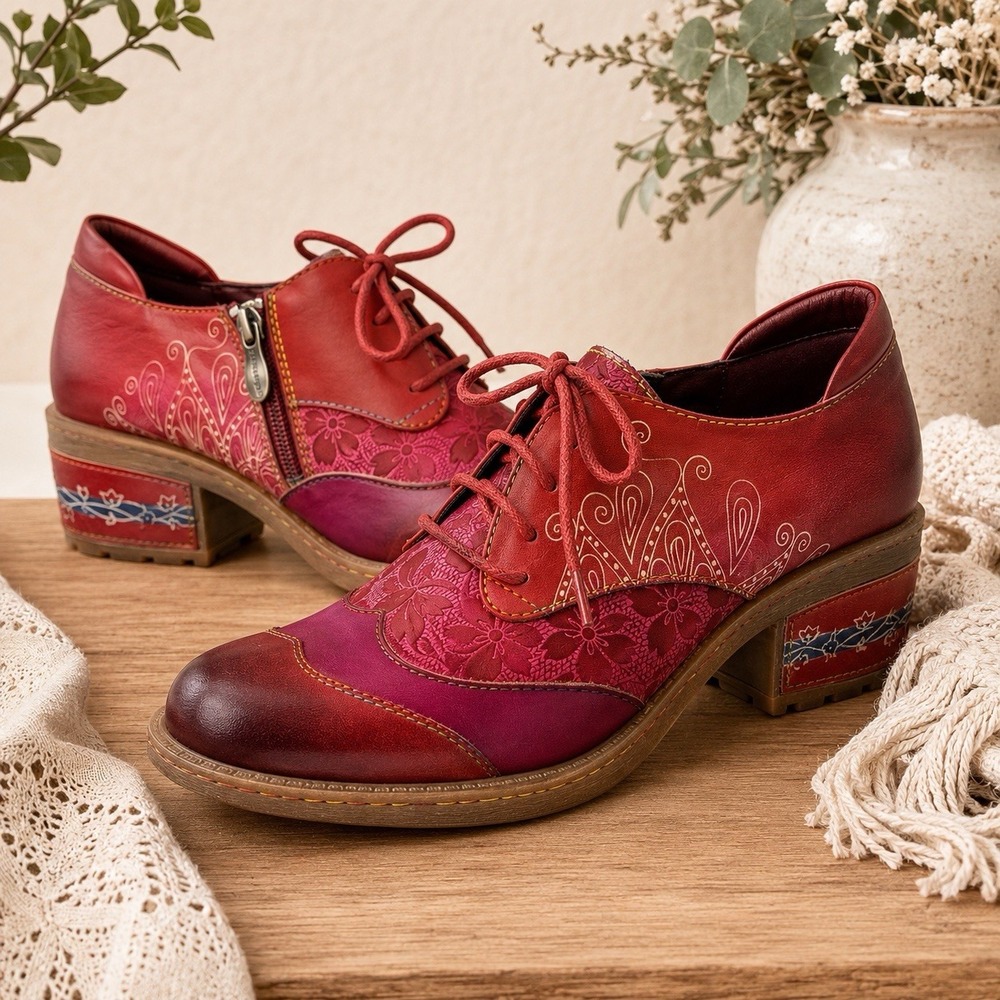 Spring Step L'Artiste Britney Women's 40 Leather Oxford Lace Up Floral Shoes Red